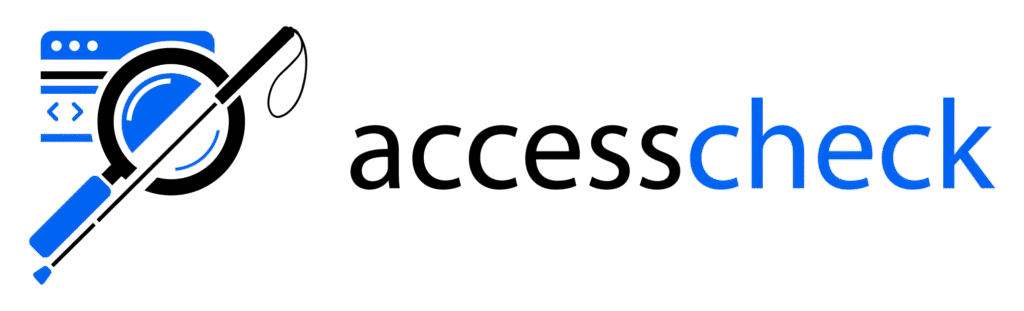Auf dem Bild ist ein Logo mit grafischen Elementen zu sehen. Links ist eine stilisierte Lupe mit einem weißen Langstock für Blinde, der schräg über die Lupe gelegt ist. Im Hintergrund ist ein angedeutetes Browserfenster mit Code-Symbolen (Klammern und Linien) zu sehen. Rechts daneben steht der Schriftzug "accesscheck", wobei "access" in schwarzer und "check" in blauer Farbe geschrieben ist. Das Logo vermittelt den Eindruck einer Überprüfung oder Kontrolle von Barrierefreiheit, speziell im digitalen Kontext.