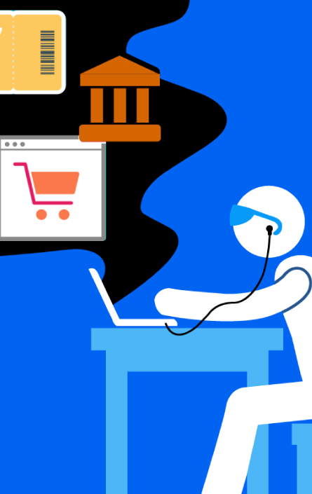 Auf dem Bild ist eine grafische Darstellung einer stilisierten Person, die an einem Schreibtisch mit einem Laptop sitzt zu sehen. Die Person trägt Kopfhörer und blickt auf den Bildschirm. Aus dem Laptop steigen verschiedene Symbole und Fenster auf: Ein Einkaufswagen, ein Flugticket mit Flugzeugsymbol, ein stilisiertes Gebäude (ähnlich einem Bank- oder Regierungsgebäude) und eine bunte Webseite. Der Hintergrund ist kräftig blau, die Gedanken oder Datenwolke rund um die Symbole ist schwarz. Die Szene vermittelt den Eindruck von Online-Aktivitäten wie Einkaufen, Reisen buchen und Webseitenbesuch.